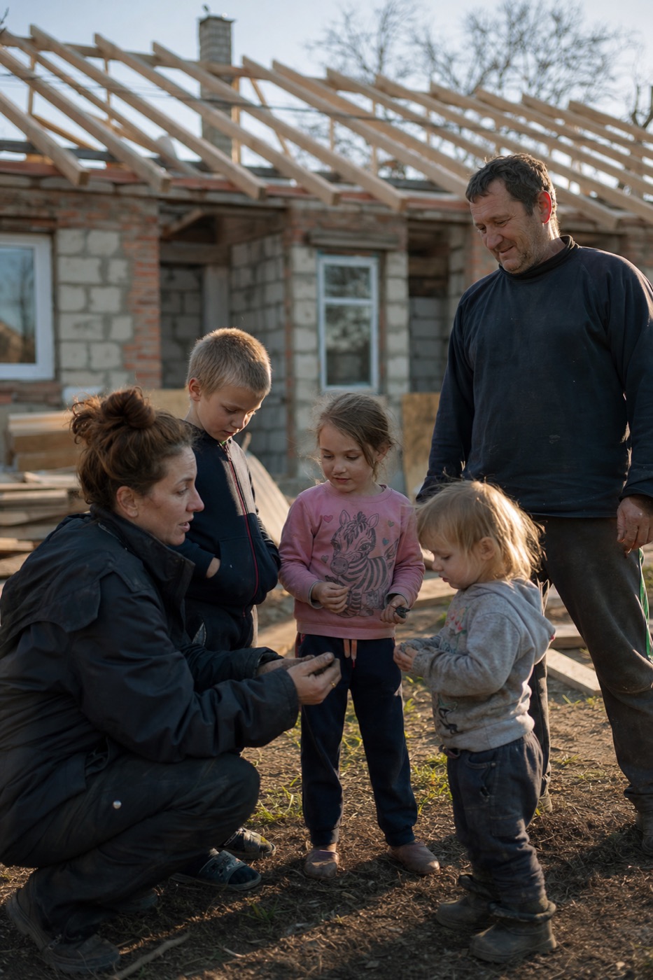 Волонтерка й будівельник розмовляють із дітьми у дворі будинку з новими кроквами